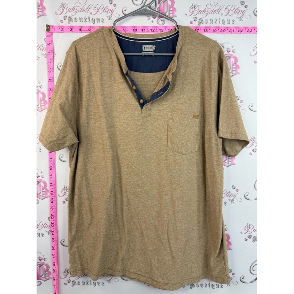 Kolby T-shirt top brown tan Short-Sleeve Henley Polo in Tan with Navy Trim